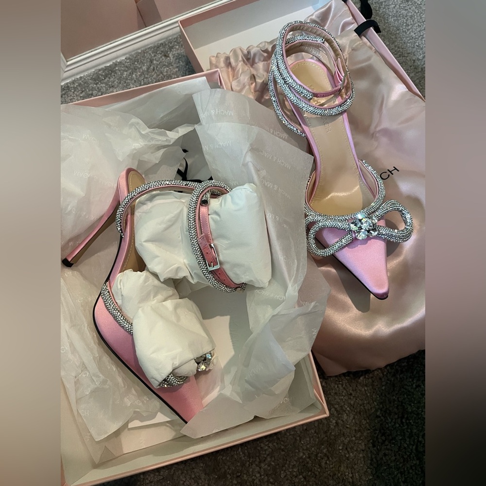 NIB Mach & Mach Double Bow satin Crystal Embellished Pumps